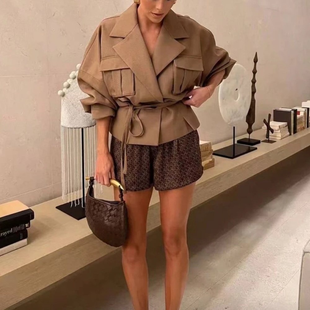 Tan brown belted tie wrap string belt oversized trench coat jacket - Picture 2 of 7